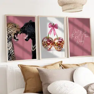 Roar Leopard and Jaguar Prints Set of 3 Wall Art Motivation Quotes Coquette Bow Cherry Trendy Wall Art Gallery Preppy Home Decor Art