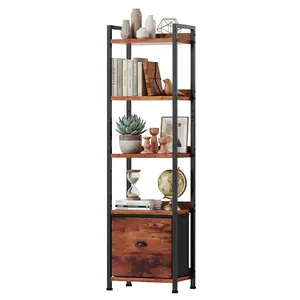 Modern Slim Bookshelf - Wood & Metal Tall Narrow Storage Shelf Unit with Fabric Drawer, Space-Saving Furniture for Room, Ideal for Living Room, Bedroom