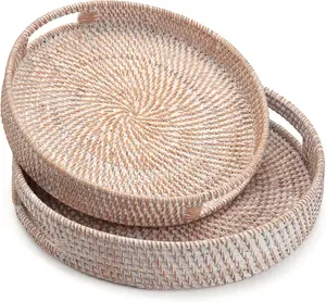 Round Rattan Coffee Table Tray, Woven Serving Tray with Handles for Home and Kitchen Decor, White (Large: 14 inches x 2.8 inches).