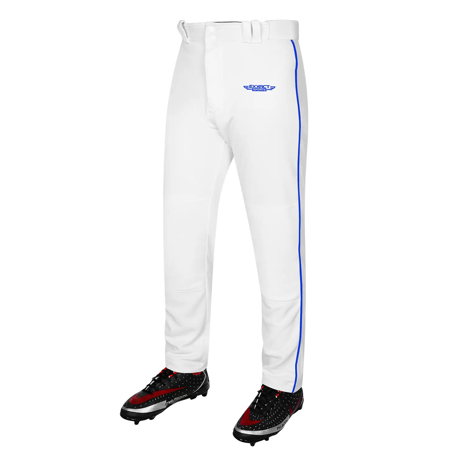 Exxact Sports Men's Full-Length Semi-Relaxed Fit Open-Bottom Baseball & Softball Pants - White-Royal Piping, Elastic Waistband, Belt, Zipper Closure, Breathable, Lightweight, Quick Dry, Moisture-Wick Polyester Knit, Machine Washable