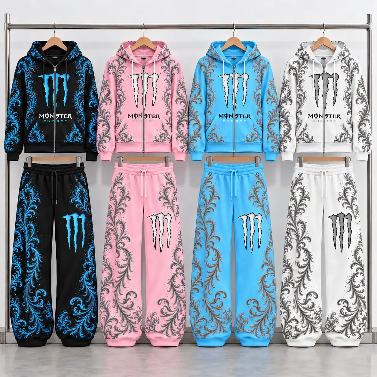 M Energy Graphic Tracksuit Set, Oversized Zip Up Hoodie & Sweatpants Set, Vintage Scroll Streetwear Lounge Set