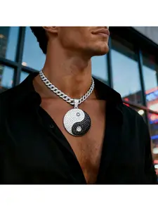 Hip Hop Full Rhinestone Chinese Style Tai Chi Bagua Alloy Pendant, Personalized Cuban Chain Fashion Necklace Jewelry for Men and Women