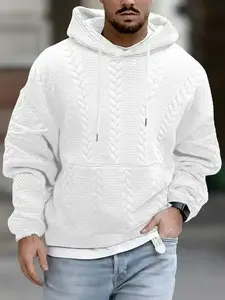 Men's Solid Textured Drawstring Hoodie, Casual Loose Drop Shoulder Long Sleeve Hooded Sweatshirt for Fall & Winter, Men's Clothes for Daily Wear