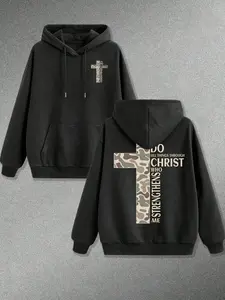 I Can Do All Things Through Christ Who Strengthens Me Double Print Hoodie, 270G Brushed Fleece Camo Cross Philippians 4:13 Christian Hooded Sweatshirt, Tactical Patriotic Streetwear Pullover For Men