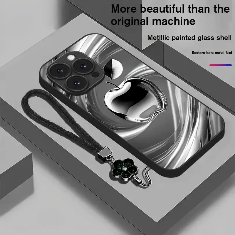 Viral Trendy Luxury Aesthetic Metallic Tempered Glass Swirl iPhone Case for Women, Anti-Scratch Anti-Fingerprint Hard Cover with Cute 4-Leaf Clover Wrist Lanyard, Slim Shockproof Case Compatible with iPhone 17,16 Pro Max,15,14,13,12 Mini,11 Pro Max