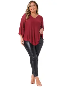 Agnes Orinda Women's Plus Size Ruffle 3/4 Sleeve Tunic Tops V Neck Double Layers Loose Fit Mesh Blouses Shirt