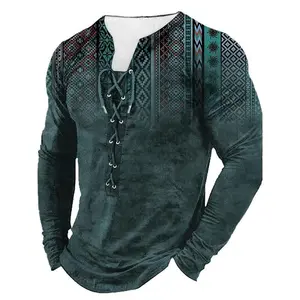 [Long Sleeve Vintage Henley Tee] Bohemian Style Pattern Men's Vintage Long Sleeve Henley Tee, Spring Fall, Gift For Men Casual Fabric