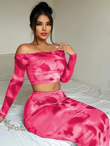 Women's All Over Print Skirt Set, Elegant Off Shoulder Crop Long Sleeve Top & High Waist Bodycon Skirt Set, Fashion Casual Two Piece Outfits for Party Club Dating, Ladies Clothes for All Seasons Valentine's Day, Gift