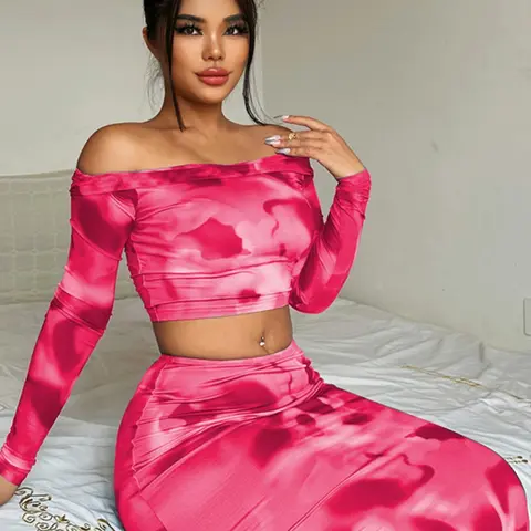 Women's All Over Print Skirt Set, Elegant Off Shoulder Long Sleeve Crop Top & High Waist Bodycon Skirt Set, Fashion Casual Two Piece Outfits Stretchy Outfit Sets for Party Club Dating, Ladies Clothes for All Seasons, Going Out Sets, Womenswear