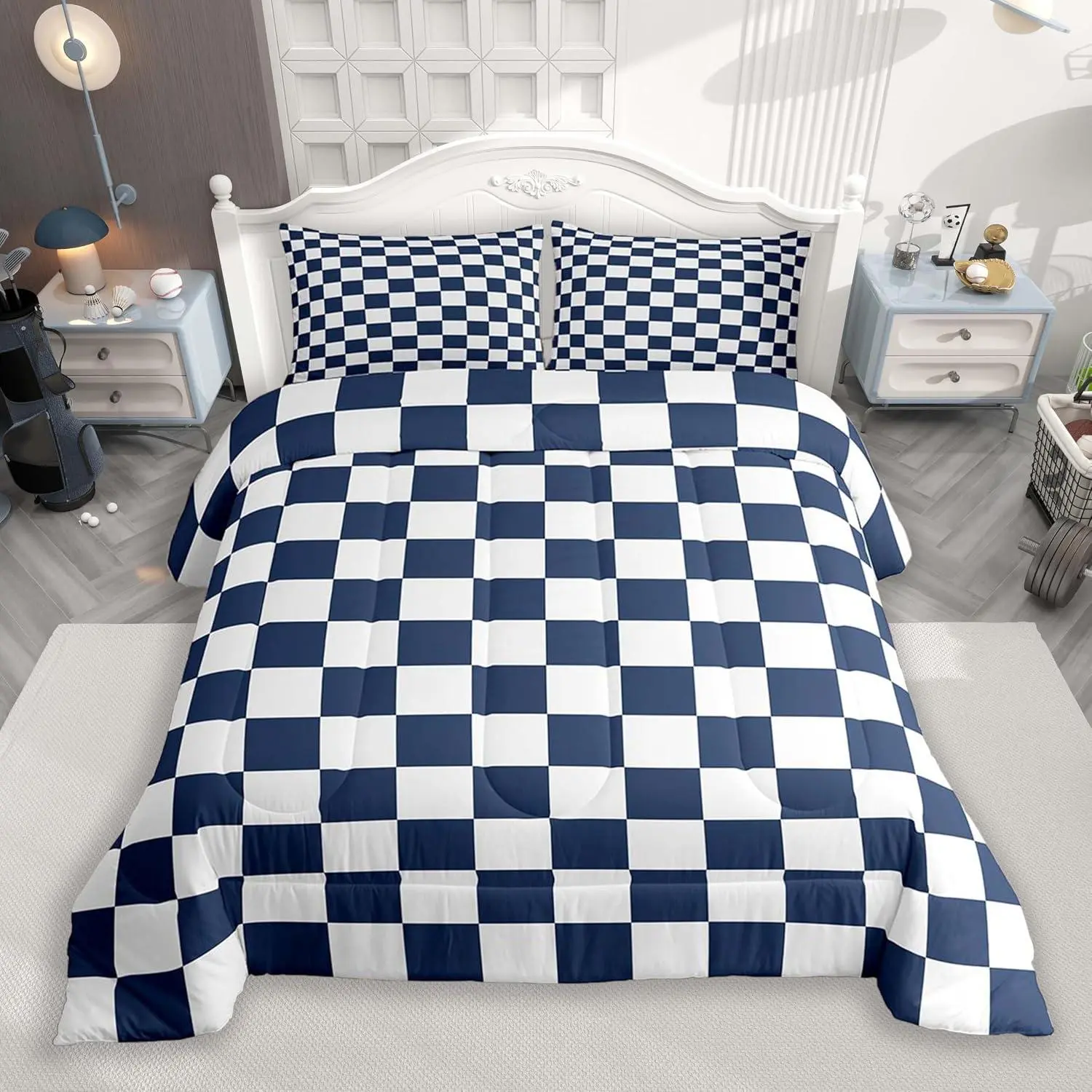 Navy Blue Plaid Bedding Set Soft,Checkered Comforter Set Grid Geometric Duvet Quilt Microfiber Bedroom Decor