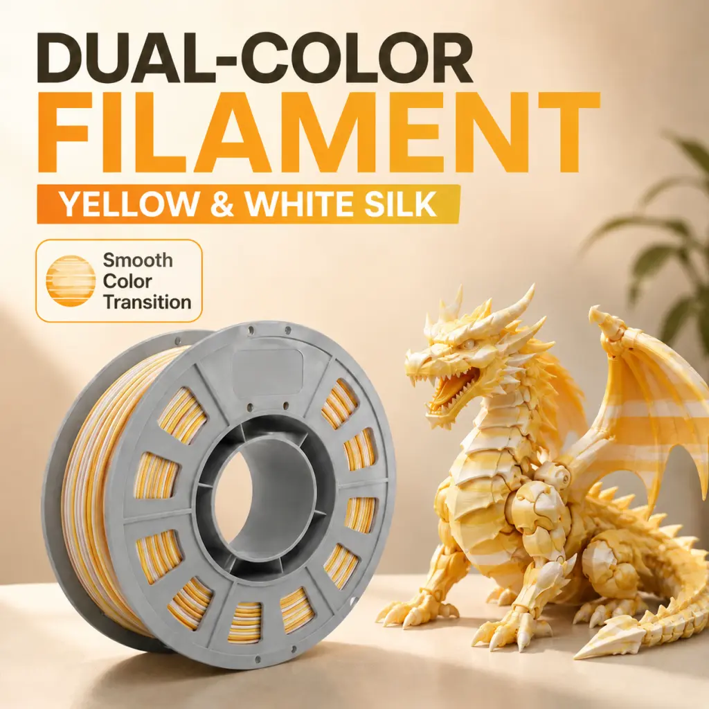 Magic Dual-Color Silk PLA 3D Printing Filament, Yellow & White Co-Extrusion, 1.75mm 300g Spool, High-Speed FDM Printing Compatible, Easy-to-Use, Dimensional Accuracy, Printer Bundle Accessory affordable, Figures, Eco-Friendly, Dragon 3D Printing Supplies