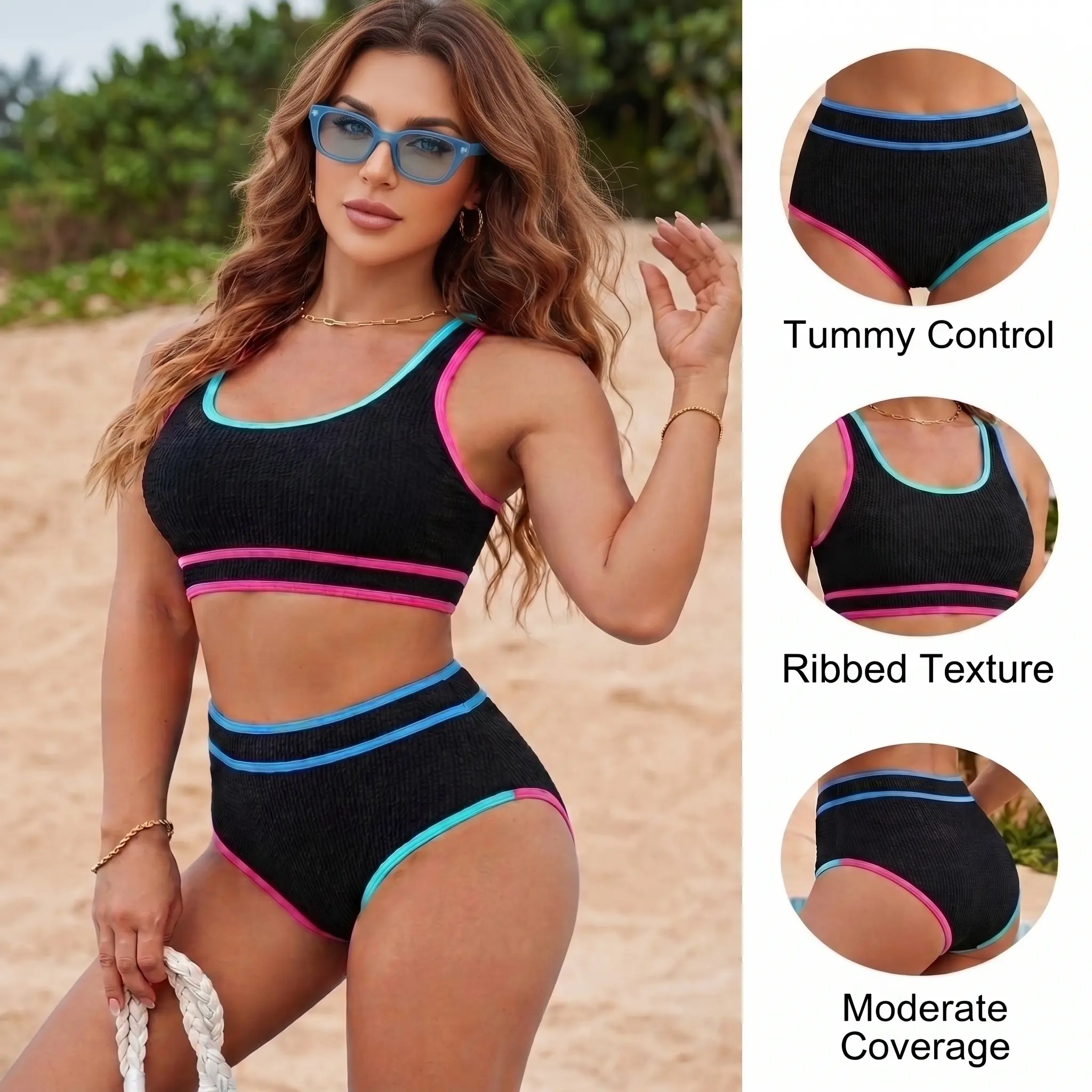 ETCYY Trending Crinkle Texture Bikini Set, Soft Stretch 90% Polyester Fabric, Contrast Binding High Waisted 2 Piece Swimsuit, Retro Sporty Vibe, Painted on Bikini, Tankini Suit, Swimsuits Bikinis, Bathing Suits 2026, Tankini for Women,#DealsForYouDays