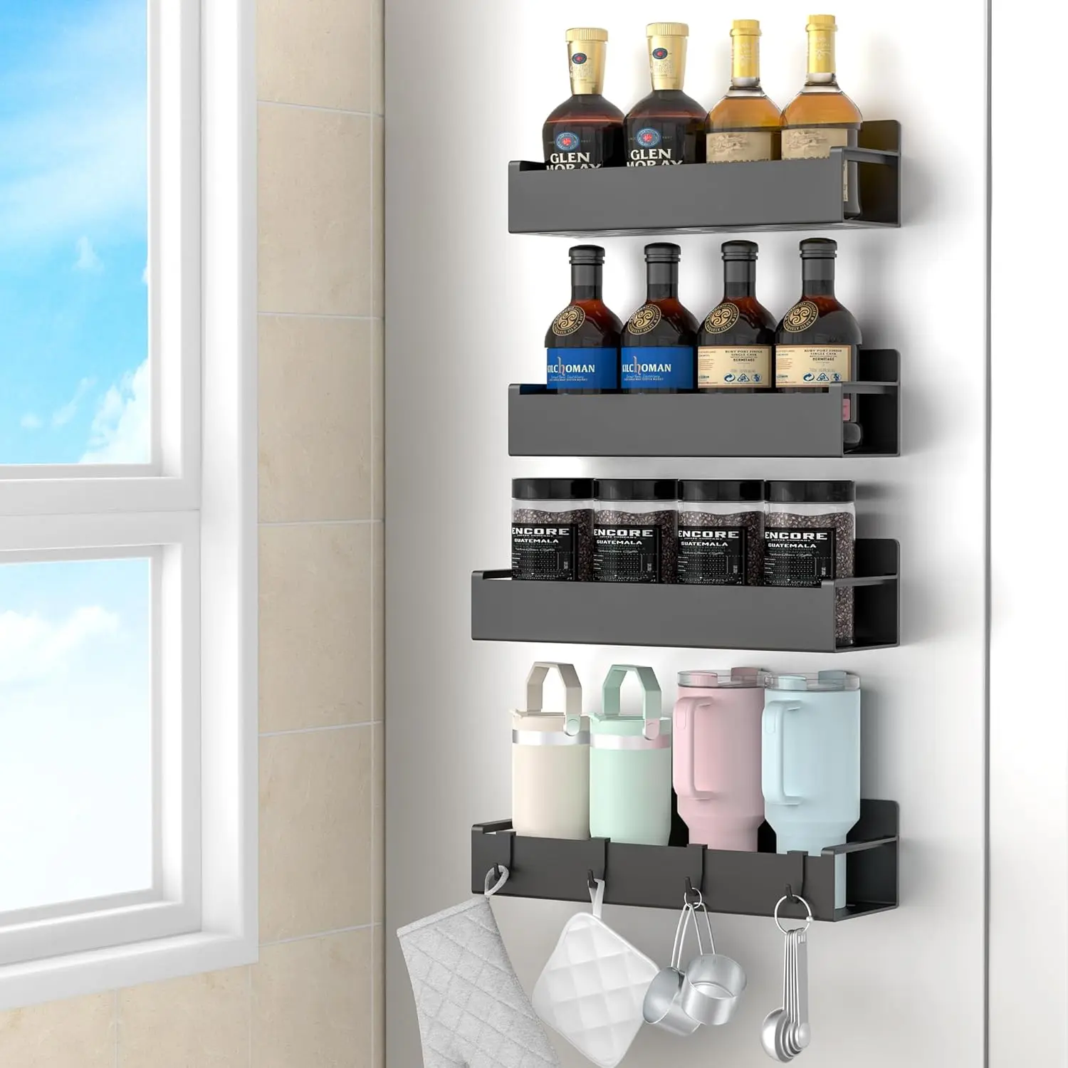 4 Pack Magnetic Spice Rack Organizer for Refrigerator and Oven, Black Fridge Organizers and Storage for Kitchen HuggieGems