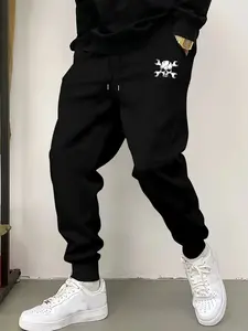 Men's Drawstring Waist Joggers Pants, Casual Fitted Thick Fabric, Skull & Crossbones Print, Fall Winter Sports Wear, Casual Athletic Jogging