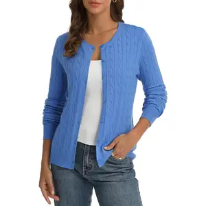 Womens Lightweight Cable Knit Cardigan Long Sleeve Crewneck Button Up Sweater