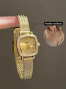 Women's Casual Quartz Watch, Square Wristwatch, Free Necklace, Plain Analog Face, Alloy Case, Button Cell Battery, Perfect Birthday Gift