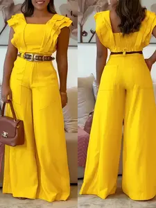 Elegant Women's Two-Piece Set, Ruffle Sleeveless Top with High-Waisted Wide-Leg Pants, Perfect for Commuting, Vacations and Parties