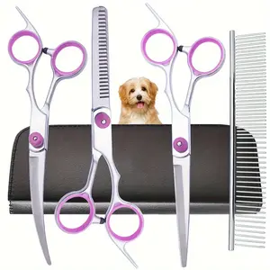 5-in-1 Right-Handed Dog Grooming Kit - Stainless Steel Scissors Set with Curved Shears & Comb for Dogs and Cats