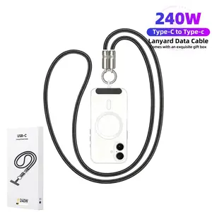 2025 New 240W USB-C Fast Charger Lanyard 480Mbps Data Cable 2-in-1 Crossbody Wrist Strap for iPhone 15/16/17 Samsung Pixel Durable Nylon Cord Black Cellphone Electronic Smartphone Charging Portable