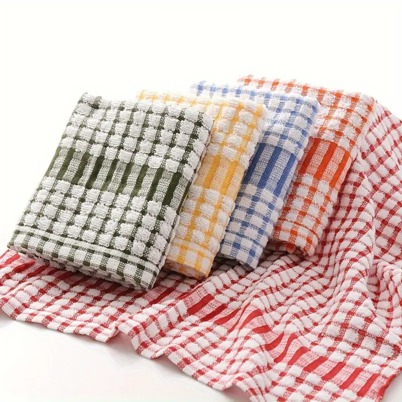 10pcs Large Checkered Synthetic Polyester Kitchen Cleaning Cloths - Absorbent, Water Absorbent, Reusable, Assorted Color (Red, Blue, Yellow, Orange) Indoor Towels for Sink, Table Wipe Clean Use