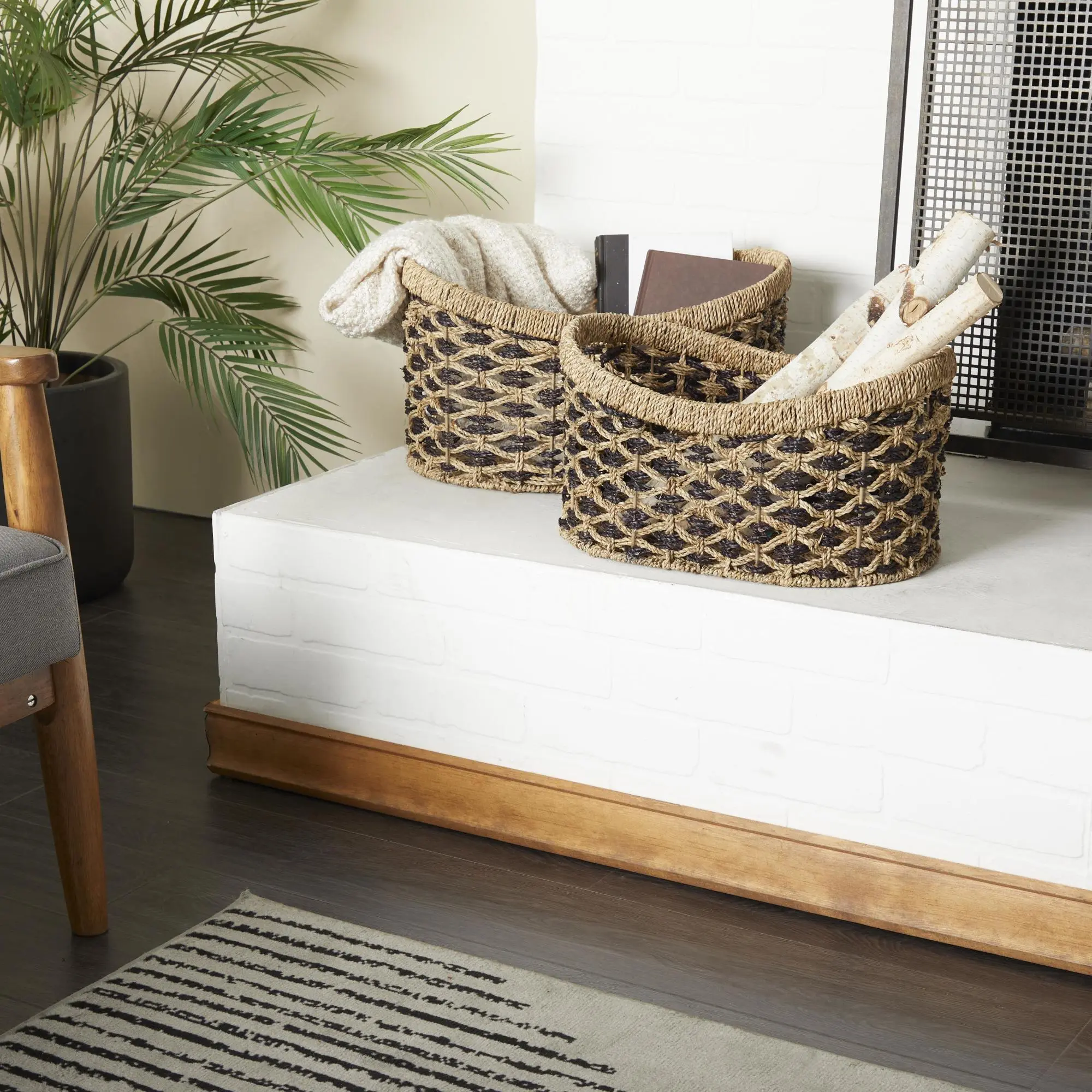 Set of 2 Brown Seagrass Handmade Two Toned Decorative and Functional Storage Basket with Handles