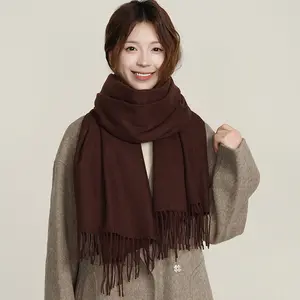 Fall Winter Faux Cashmere Scarf - Thickened Cozy 2-in-1 Solid Color Soft Warm Shawl for Women Neutral Tones Fringed Neck Warmer Versatile Essential