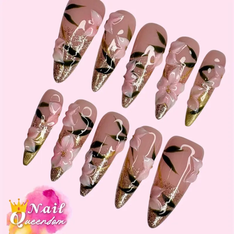 Nail Queendom [GOLDEN GARDEN] Handcrafted 3D Press-On Nails Reusables Long Lasting Salon Quality Easy Application 10 Pieces Set Eco-Friendly 3D-gel Finish