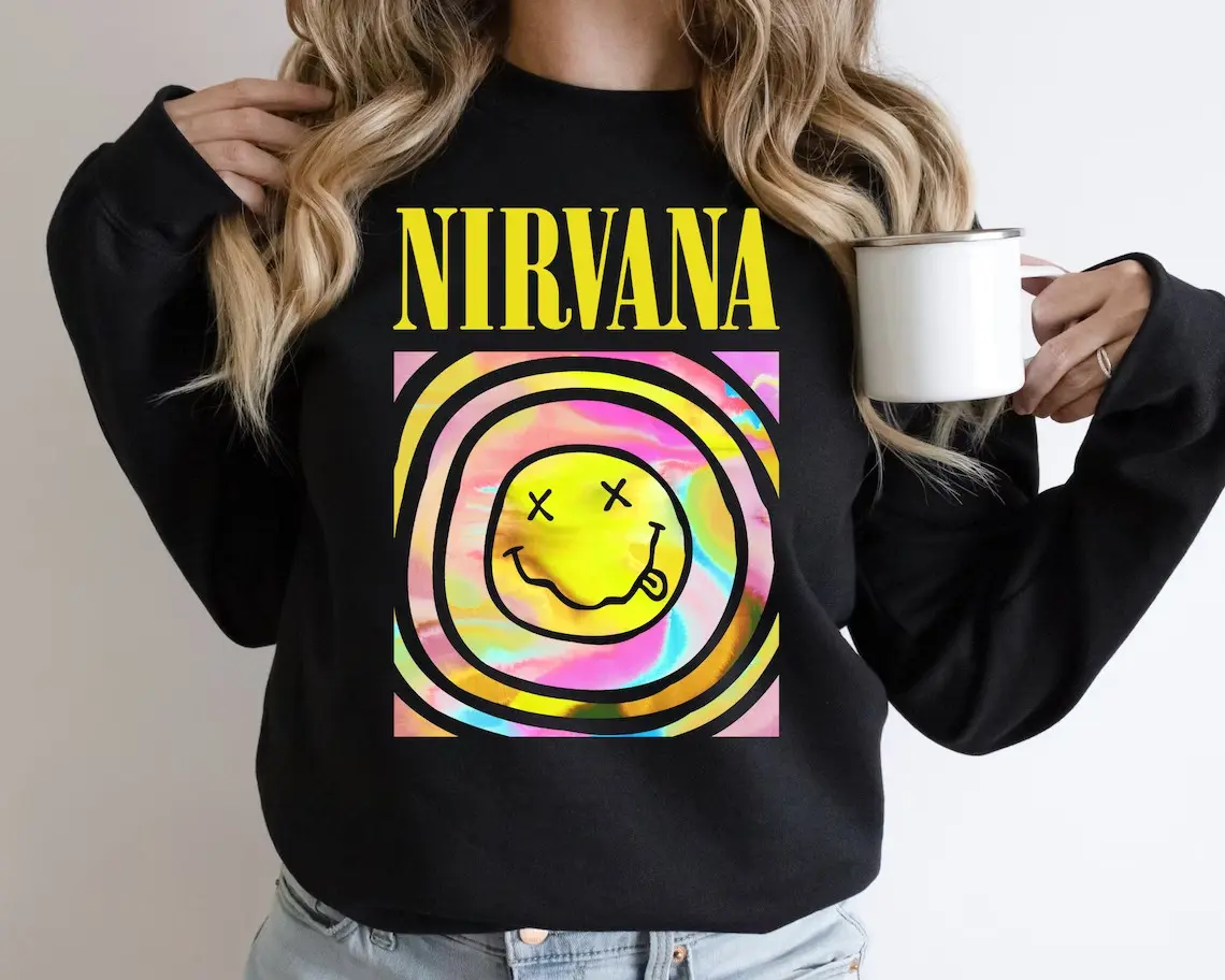 Nirvana Sweatshirt, Nirvana Smile Face Crewneck Sweatshirt, Nirvana Smiley Face Hoodie, Trendy Sweatshirt, Gift Valentine's Day For Girls