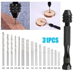 31PCS Precision Pin Vise Hobby Micro Drill Bits Mini Micro Hand Rotary Tools Set