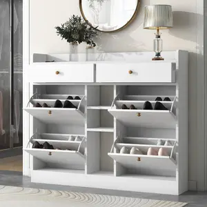 【Bellemave】ON-TREND Modern Tipping Bucket Shoe Cabinet with 4 Flip Drawers, Multifunctional 2-Tier Shoe Storage Organizer with Drawers, Free Standing Shoe Rack for Entrance Hallway, White.