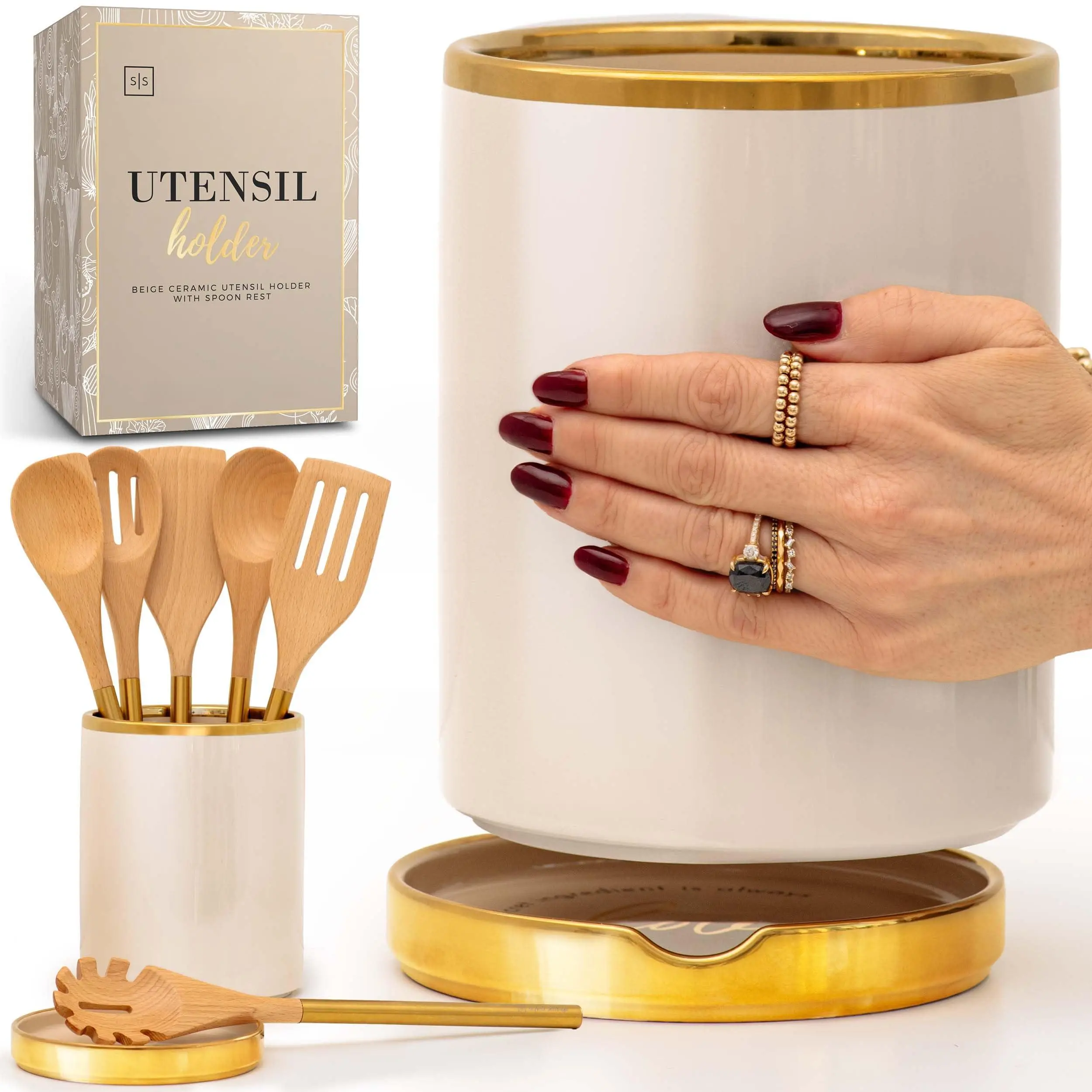 Beige Utensil Holder - Large Ceramic Crock For Kitchen Counter - Stylish Cooking Storage & Spoon Rest Organization Farmhouse Decor