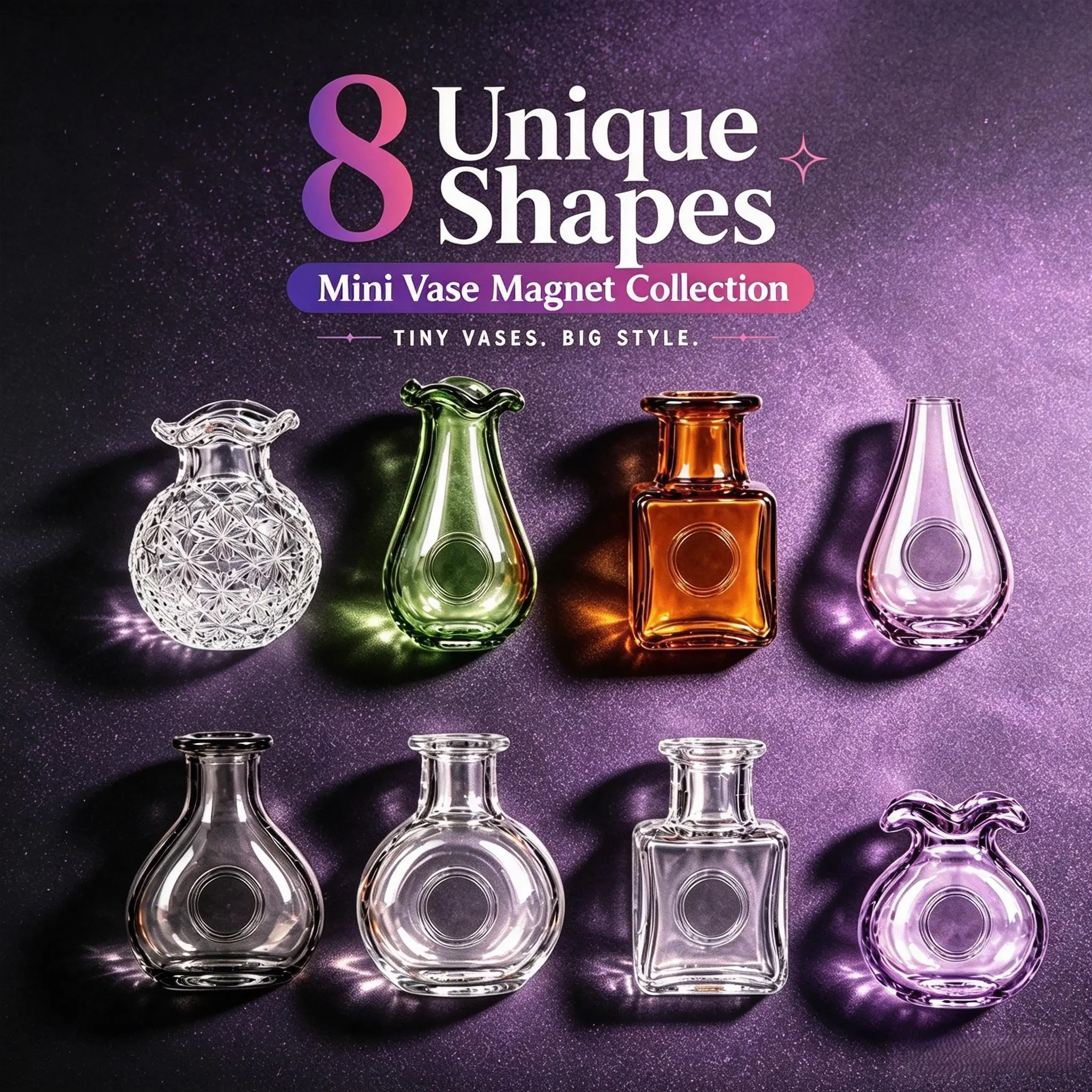 Colorful Transparent Mini  Vase Fridge Magnets Set of 5/8, Combined Nordic & Chinese Minimalist Aesthetics, Shatterproof Resin with Secure Magnetic Hold, Ideal Household & Workplace Decoration, Present for All Occasions, Handmade in Jingdezhen, CN