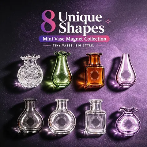 Colorful Transparent Mini  Vase Fridge Magnets Set of 5/8, Combined Nordic & Chinese Minimalist Aesthetics, Shatterproof Resin with Secure Magnetic Hold, Ideal Household & Workplace Decoration, Present for All Occasions, Handmade in Jingdezhen, CN