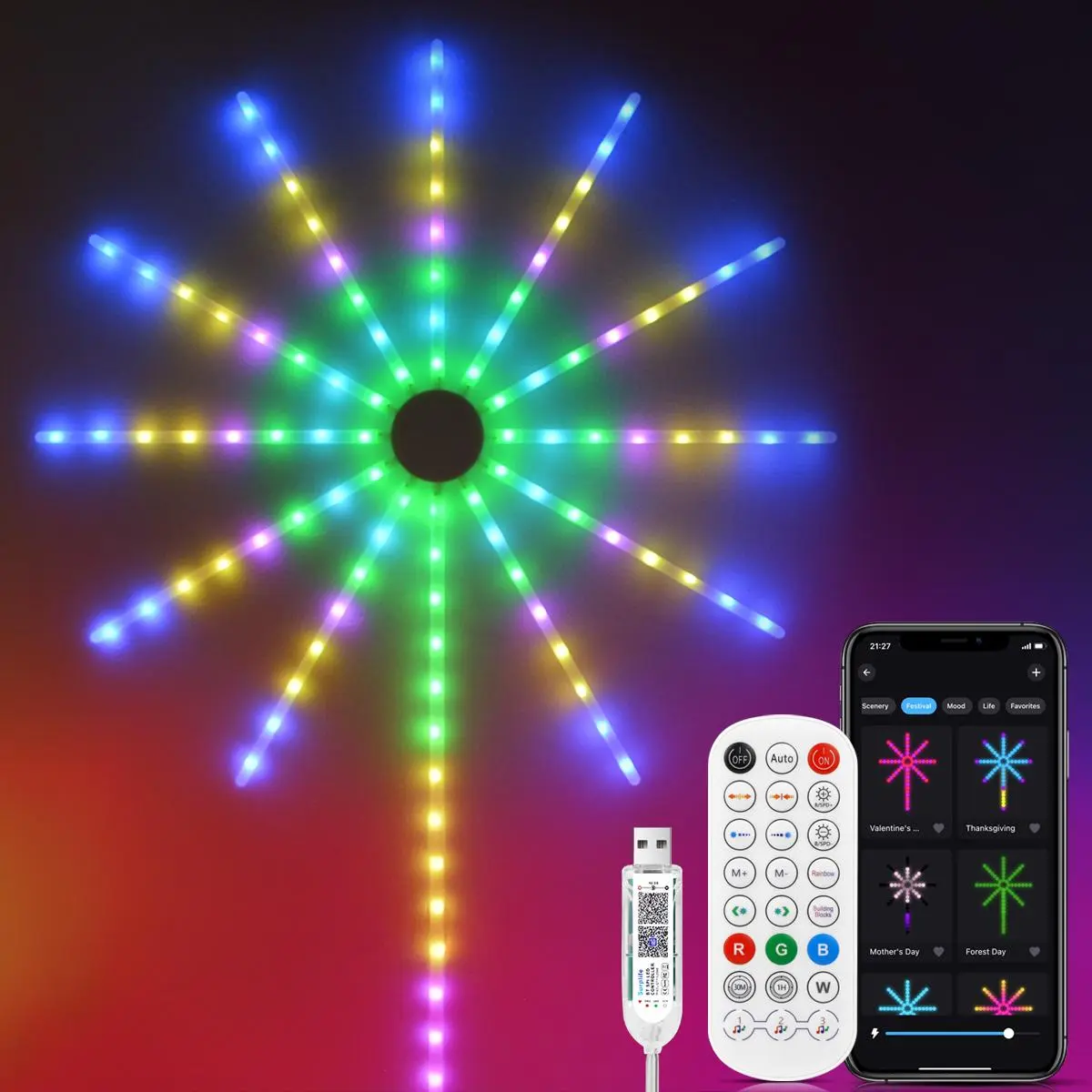 Waterproof RGBIC Christmas Firework Light, USB Powered LED Light String, Smart APP Control LED Light, Indoor Room Outdoor Garden Party Camping Holidays and Festivals Decor, Light Decoration, Party Decoration Supplies