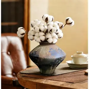 Rustic Brown Textured Ceramic Vase, 6.3-Inch Bulbous Wabi Sabi Boho Farmhouse Pottery, Distressed  Accent Centerpiece for Dried &  , Living Room Bedroom Office  Decor