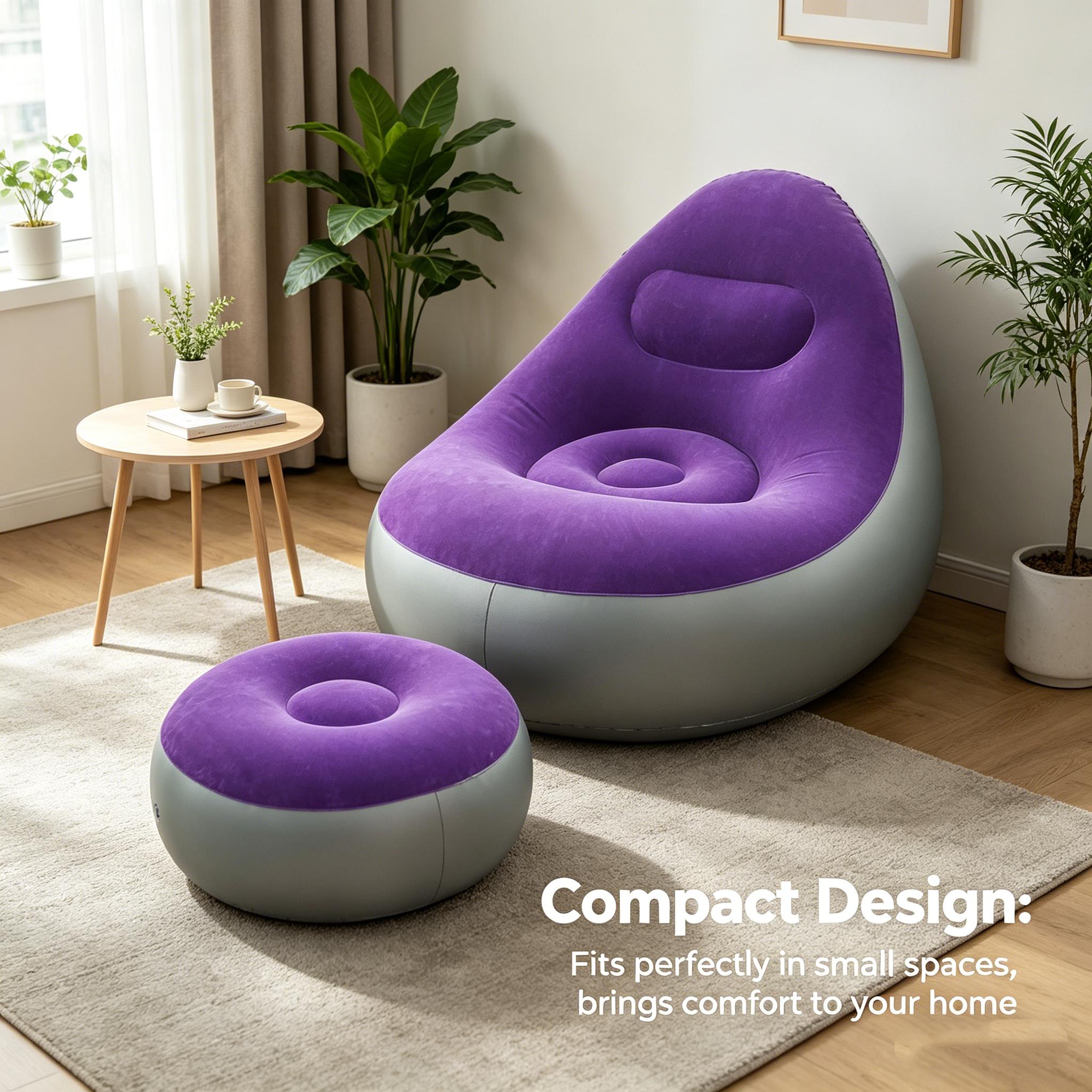 1pc purple Foldable Inflatable Recliner with Footrest, Comfortable Flocked Nylon Texture, Portable Lightweight Lounge Sofa for Home Bedroom Balcony Camping Outdoor Use