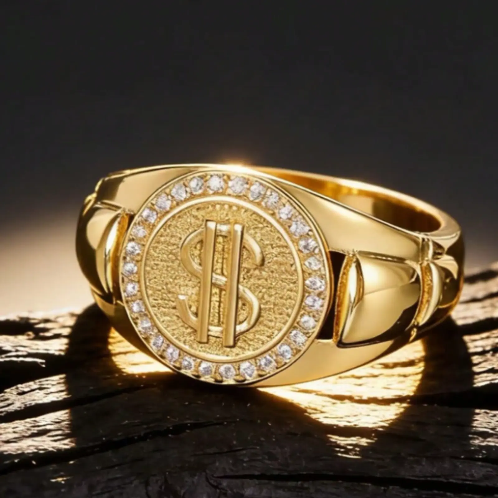 14k Gold Plated Men's Dollar Sign Ring - Good Fortune - A luxurious and unique ring shaped like a dollar sign, jewelry for men and women.