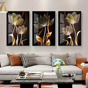 WOODS Abstract Wall Art Golden Flowers Canvas Pictures Contemporary Minimalism Abstract Artwork for Bedroom Bathroom Living Room Wall Decor (3pcs-framed)