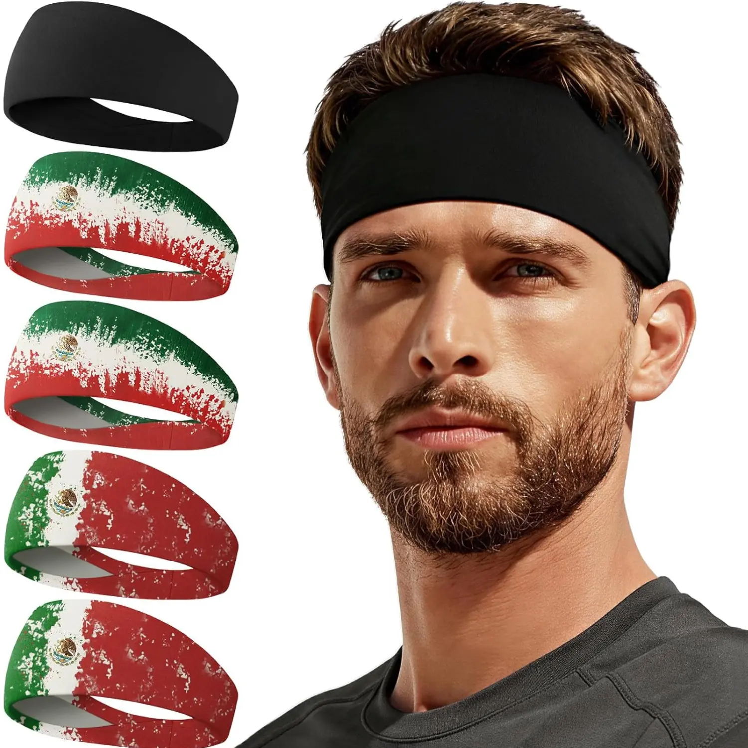 5-Pack Mexico Flag Print Pattern Sports Headbands for Fans & Adults, Non-Slip Breathable Moisture-Wick Nylon-Spandex, 1-Size, Hand Wash Only, Ideal for Watch Party & Outdoor Wear