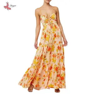 Women's Long Beach Dress Sleeveless Spaghetti Strap Cross Tie-up Front Floral Print Dress Midi Slip Dress（gift）