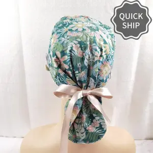 Orchid Leaves Scrub Cap With Button,Surgical Doctor Print Hats,Women Long Hair, Medical,Nurse Gifts for her