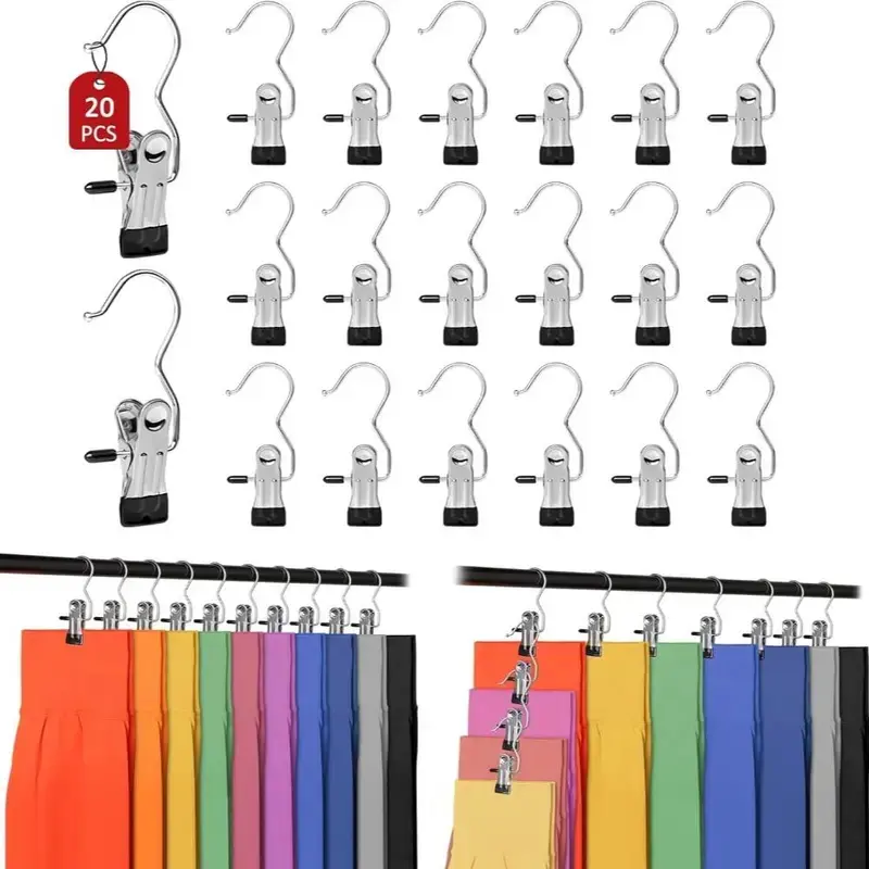 Premium Stainless Steel Rotating Hanging Clips 20PCS Durable 360° Space Saving Hangers for Laundry Dish Drying Rack Storage Organization Heavy Duty Hooks for Clothes Towels Kitchen Home Decor