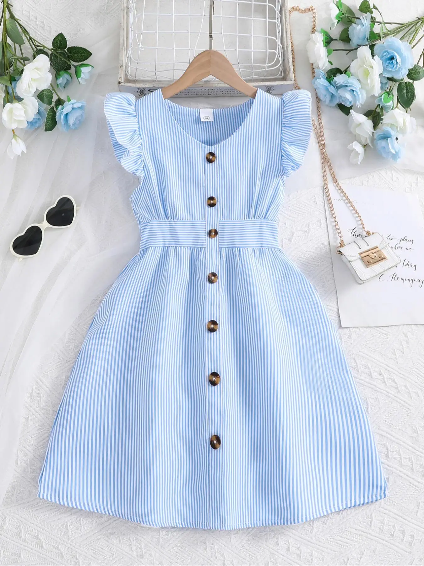 Girl's Striped Print Button Decor Butterfly Sleeve Dress, Casual V Neck Cap Sleeve A Line Dress for Summer, Kids Clothes for Daily Wear