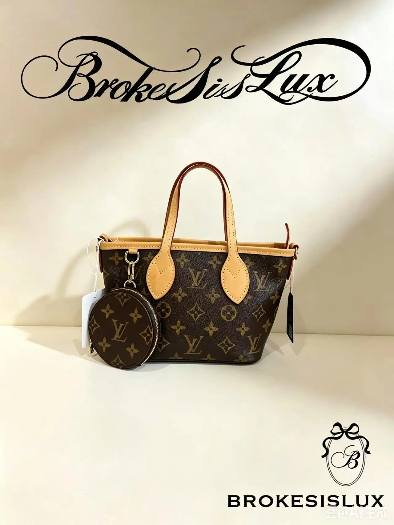 Pre-owned Louis Vuitton LV Mini Neverfull Classic Monogram Tote Bag Vachetta Leather Handles, Detachable Mini Coin Pouch, Lightweight for Daily Loads, Effortless Everyday Carry, Flexible Silhouette
