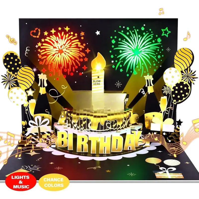 DIY Age Birthday Cards, 3D Pop-Up Firework Birthday Cards with Music & LED Lights, Happy Birthday Gifts for Mom, Women, Men, Kids, Dad, Father, Wife