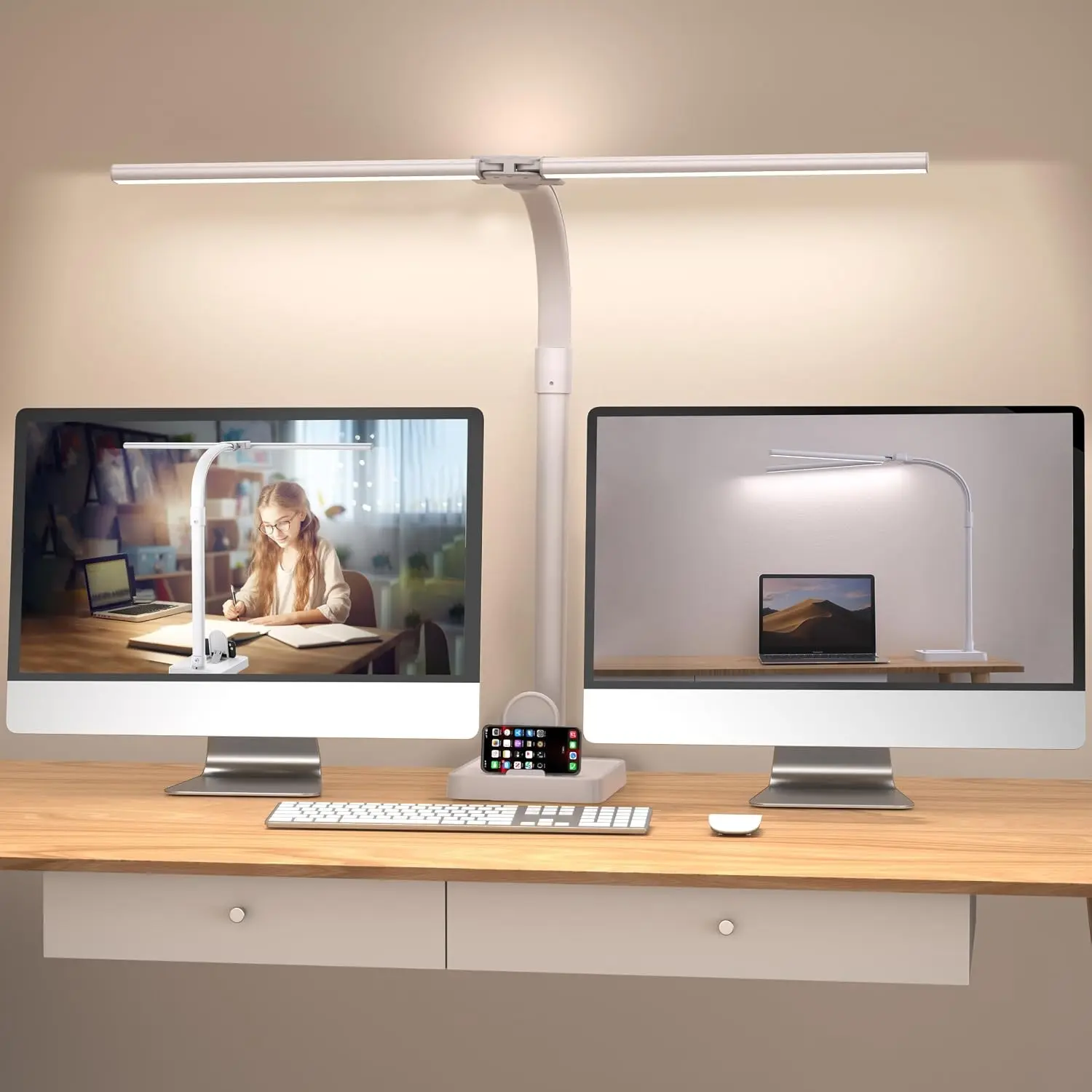Double Head LED Desk Lamp for Home Office Architect, 24W Bright Workbench Lighting with 5 Color Modes & 5 Dimmable Levels, Eye Protection Modern Desk Lamp, White Desktop Big