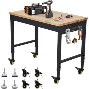 72" X 25" Adjustable Workbench, Rubber Wood Heavy Duty Workstation with Power Outlets & Wheels, 2000 LBS Load Capacity Hardwood Worktable for Garage, Workshop, Office, Home