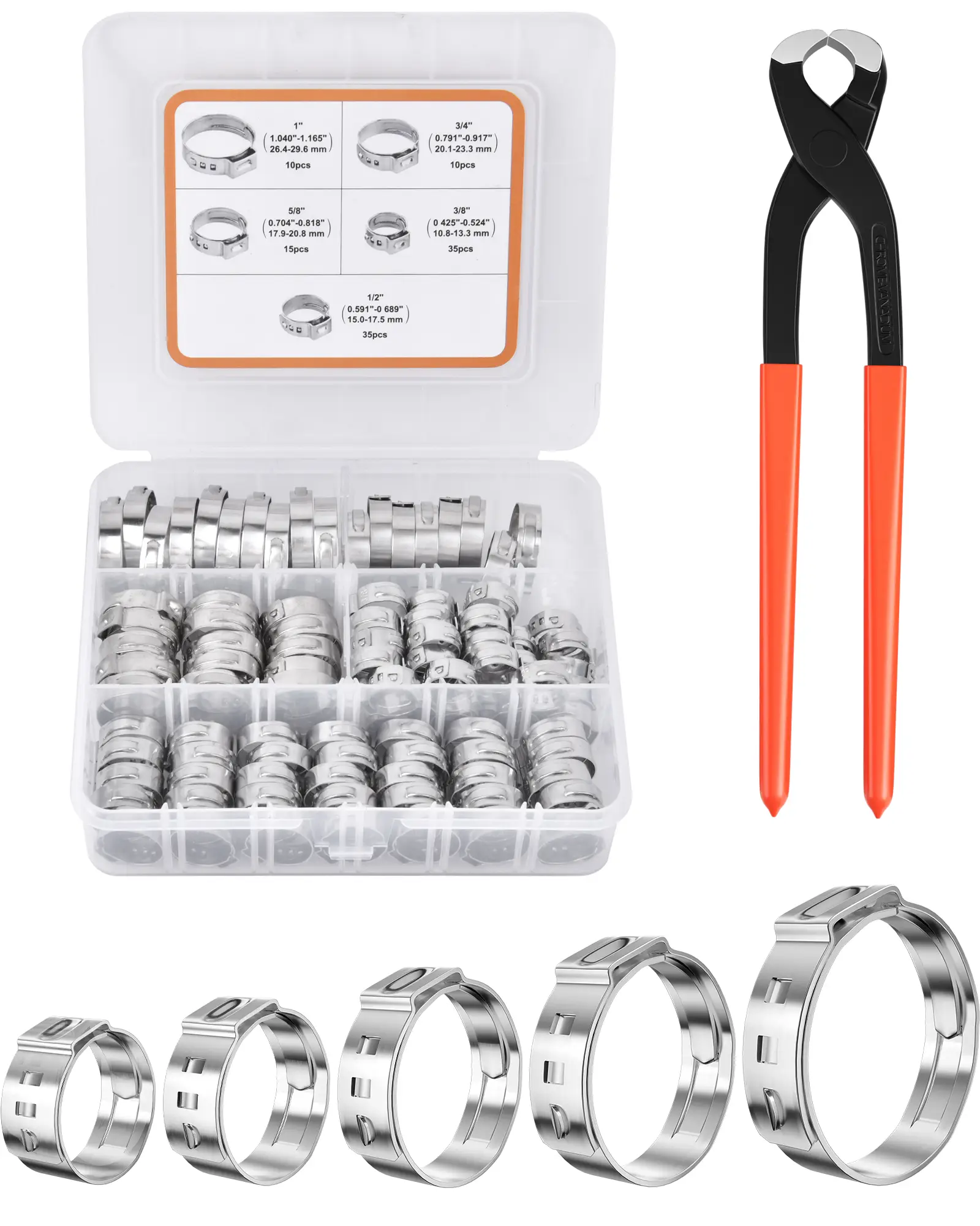 VIGRUE 304 Stainless Steel Single Ear Hose Clamps with Pincer, 105PCS 3/8'' to 1'' Stepless Hose Clamps with Pipe Clamp Tool, Pex Cinch Clamps Rings T