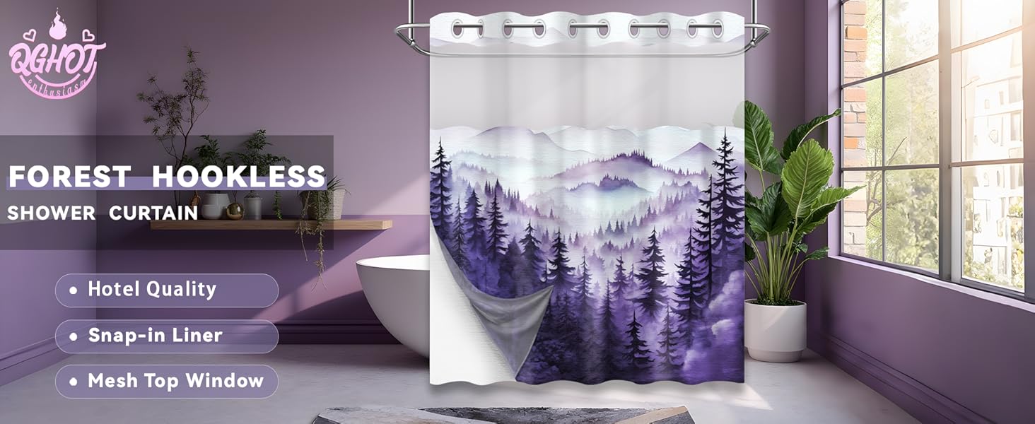 Forest Shower with Snap in Liner, Nature Mountain No Hook Layer Shower and Liner Set, Ringless with Window Waterproof Cloth, 71" W x 74" L, Purple