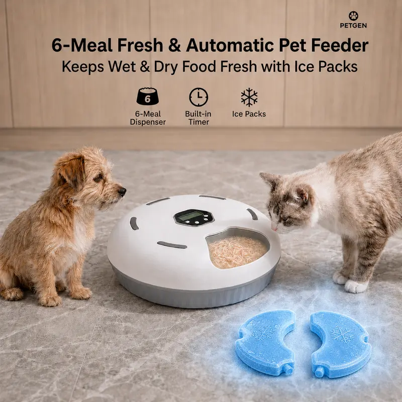 Compact Round Automatic Cat Food Feeder for Apartments - Battery-Powered, Manual Timer, Rotating Tray, Easy-Clean ABS, 6-Meal Auto Feed Dispenser, Wet & Dry Compatibility, 2 Ice Packs for Cooling